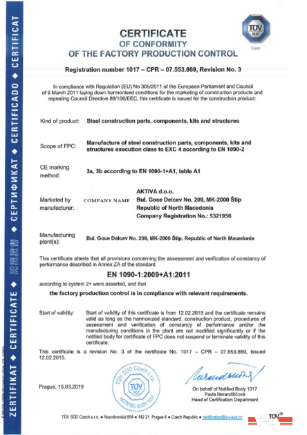 Czech Republic Certificate of Conformity of The Factory Production Control